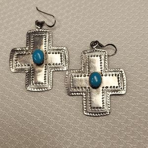 Handmade Native American Sterling Silver and Turquoise Cross Earrings